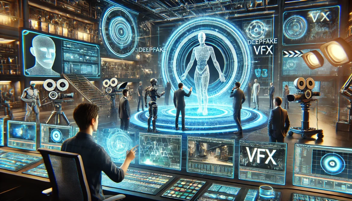 Cinema futurista lotado com uma grande tela exibindo os lançamentos mais esperados de 2025, cercado por pôsteres de filmes e espectadores segurando baldes de pipoca.